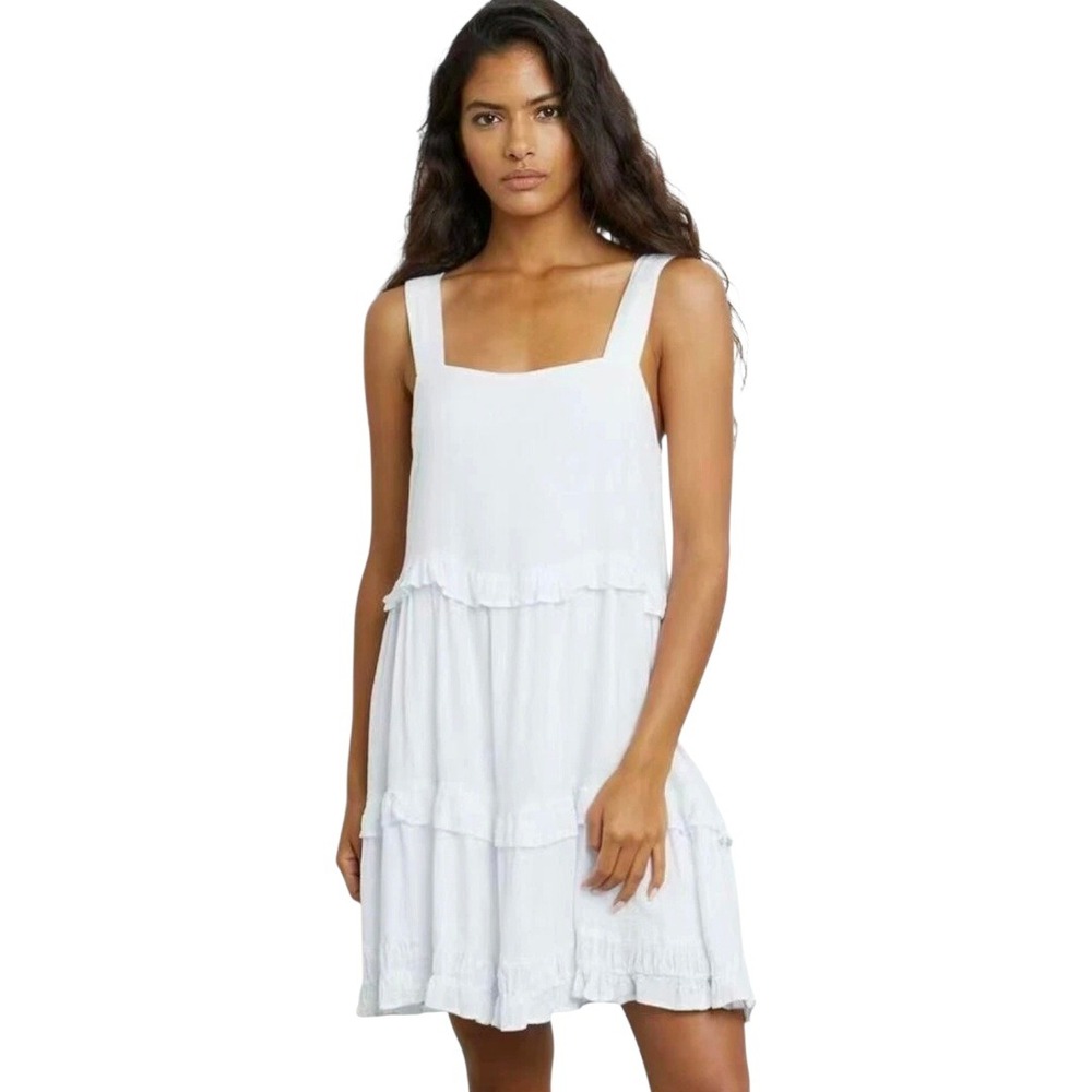 Rails White Linen Blend Tiered Mini Dress Square Neck Ruffle Trim Size Small